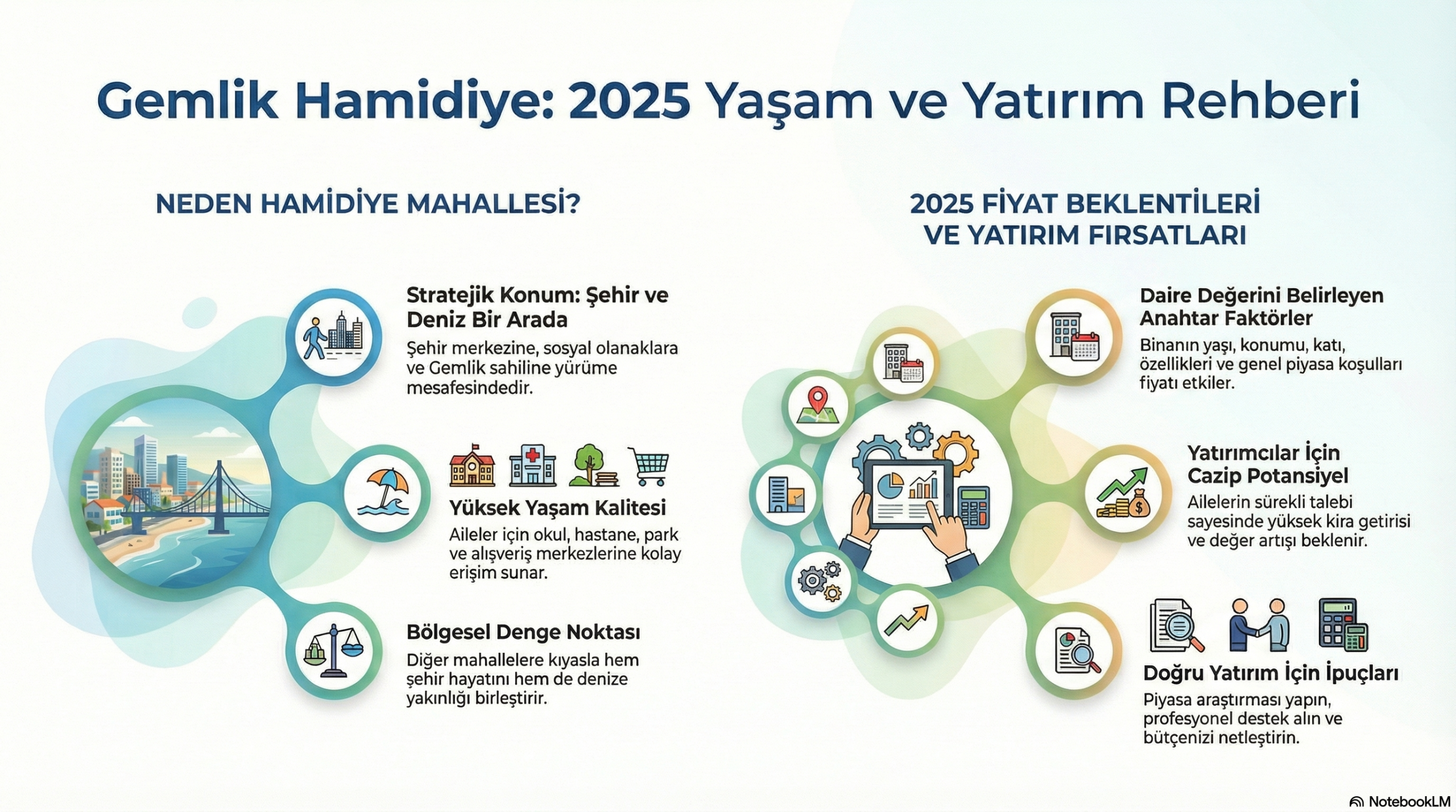 Gemlik Hamidiye 2025 Emlak Yatırım Rehberi Gemlik Hamidiye Mahallesi 2025 yaşam ve yatırım rehberi, konut fiyat beklentileri ve stratejik konum avantajlarını gösteren infografik.
