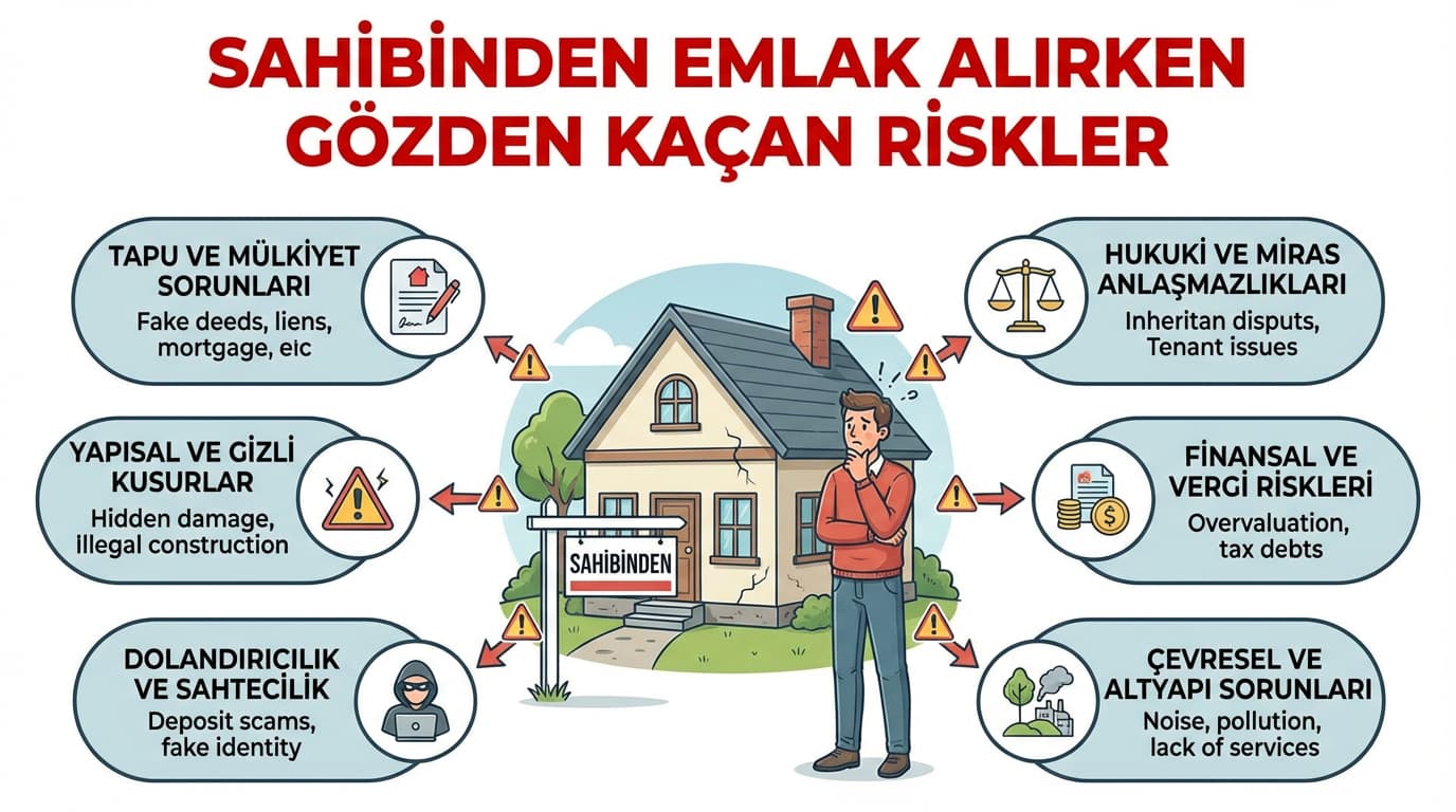 Sahibinden emlak alırken gözden kaçan tapu sorunları, yapısal kusurlar ve finansal riskleri gösteren 6 maddelik infografik.