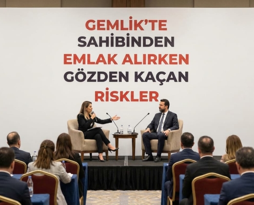 Gemlik'te sahibinden emlak alırken gözden kaçan risklerin tartışıldığı uzman paneli ve seminer görseli.