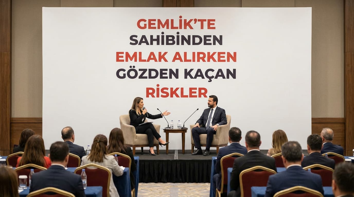 Gemlik'te sahibinden emlak alırken gözden kaçan risklerin tartışıldığı uzman paneli ve seminer görseli.