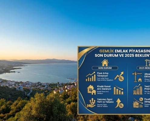 Gemlik emlak piyasasında son durum, 2025 fiyat beklentileri, TOGG etkisi ve kiralık konut arzı grafiği, arkada deniz manzaralı Gemlik.