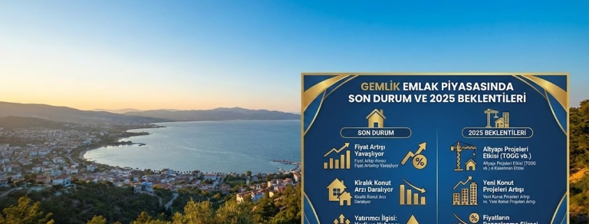 Gemlik emlak piyasasında son durum, 2025 fiyat beklentileri, TOGG etkisi ve kiralık konut arzı grafiği, arkada deniz manzaralı Gemlik.
